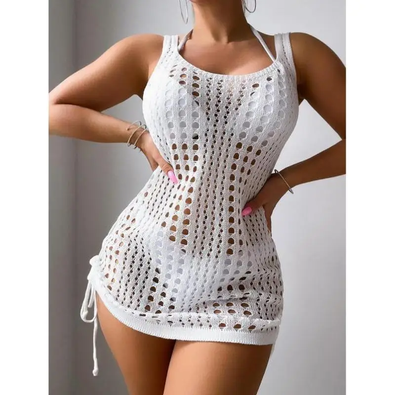 

Women's Beachwear Sun Protection Clothing Pure Color Dstring Hollow out Cross-Border New Sle Coolmax Fiber Knitted Sweater