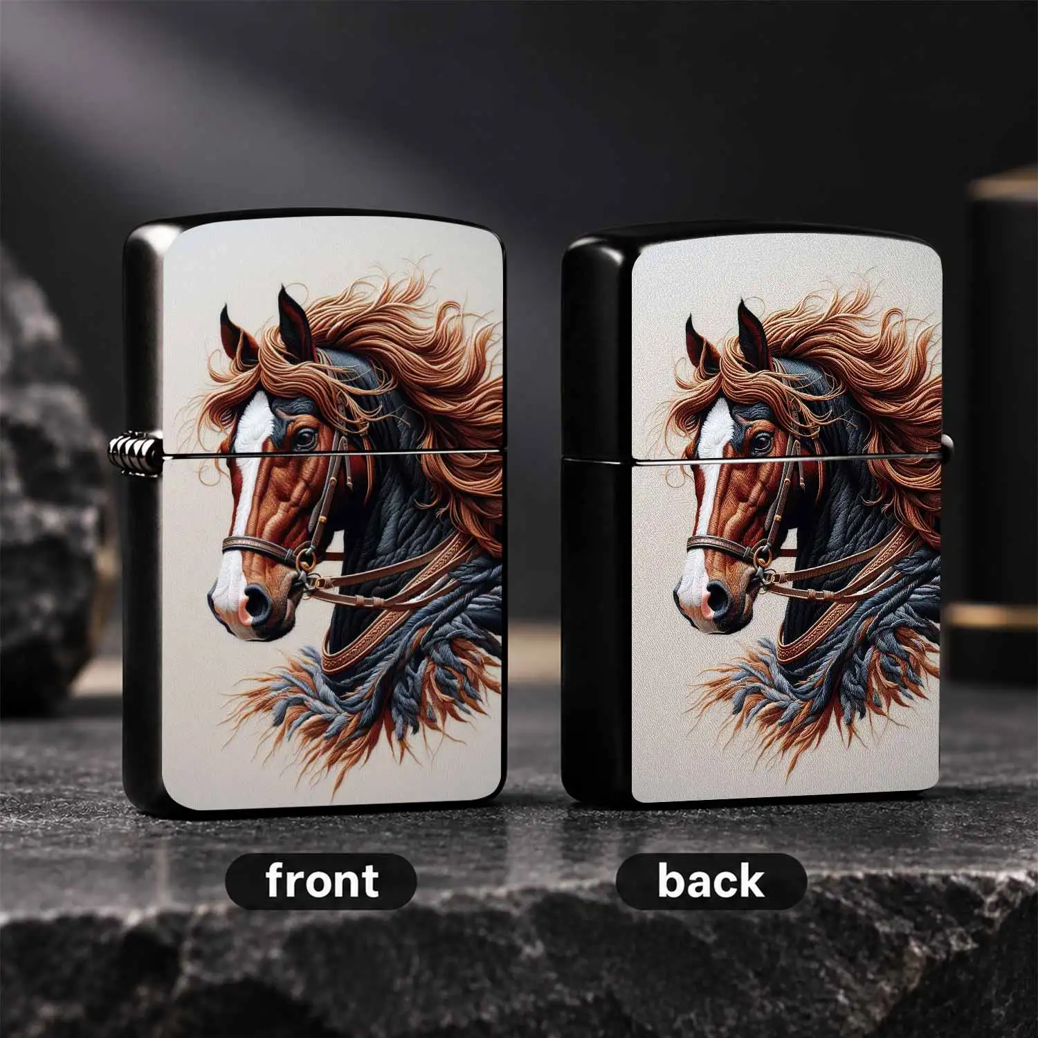 Exquisite Embroidery Style Running Horse Pattern Lighter, Artistic Chestnut Steed With Flowing Mane Printed Decor, Portable Stylish Accessory For Daily Use Outdoor Gathering Gifting Scenarios, Trendy Unique Delicate Practical Item For Every