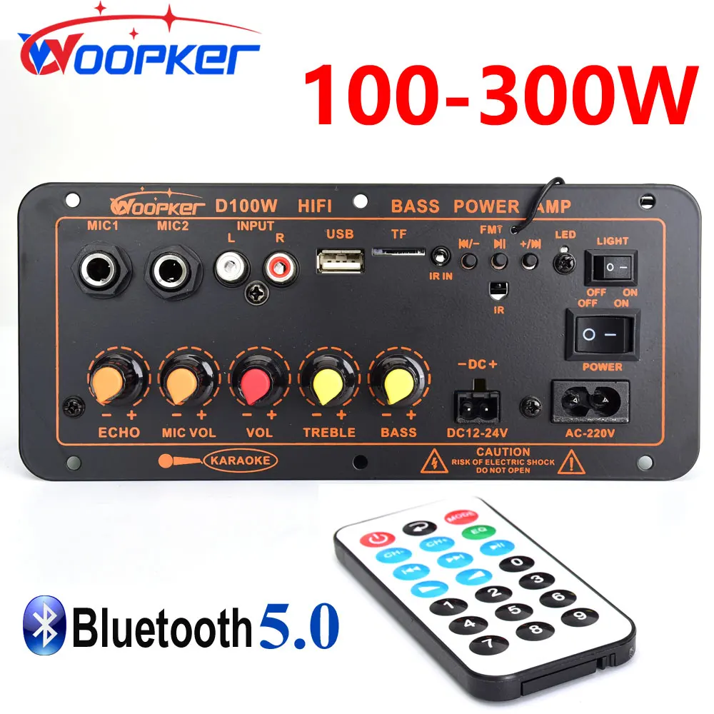 Woopker Home Bluetooth Amplifier Board D100W Max 300W 110V/220V/12V/24V Digital AMP Support Dual Microphone MP3 Player U Disk TF