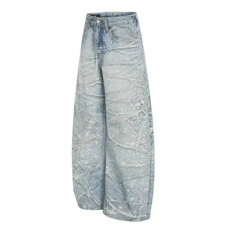 Printed Heat-melting  Ink Splash Starlight Men's Jeans Blue American Style Streetwear Denim Scimitar Pants 9XVYKV