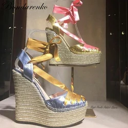 Ribbon Straps Espadrille Wedges Sandals in Pink\Bule Women Summer Platform Satin Lace up High Heels Luxury Designer Shoes