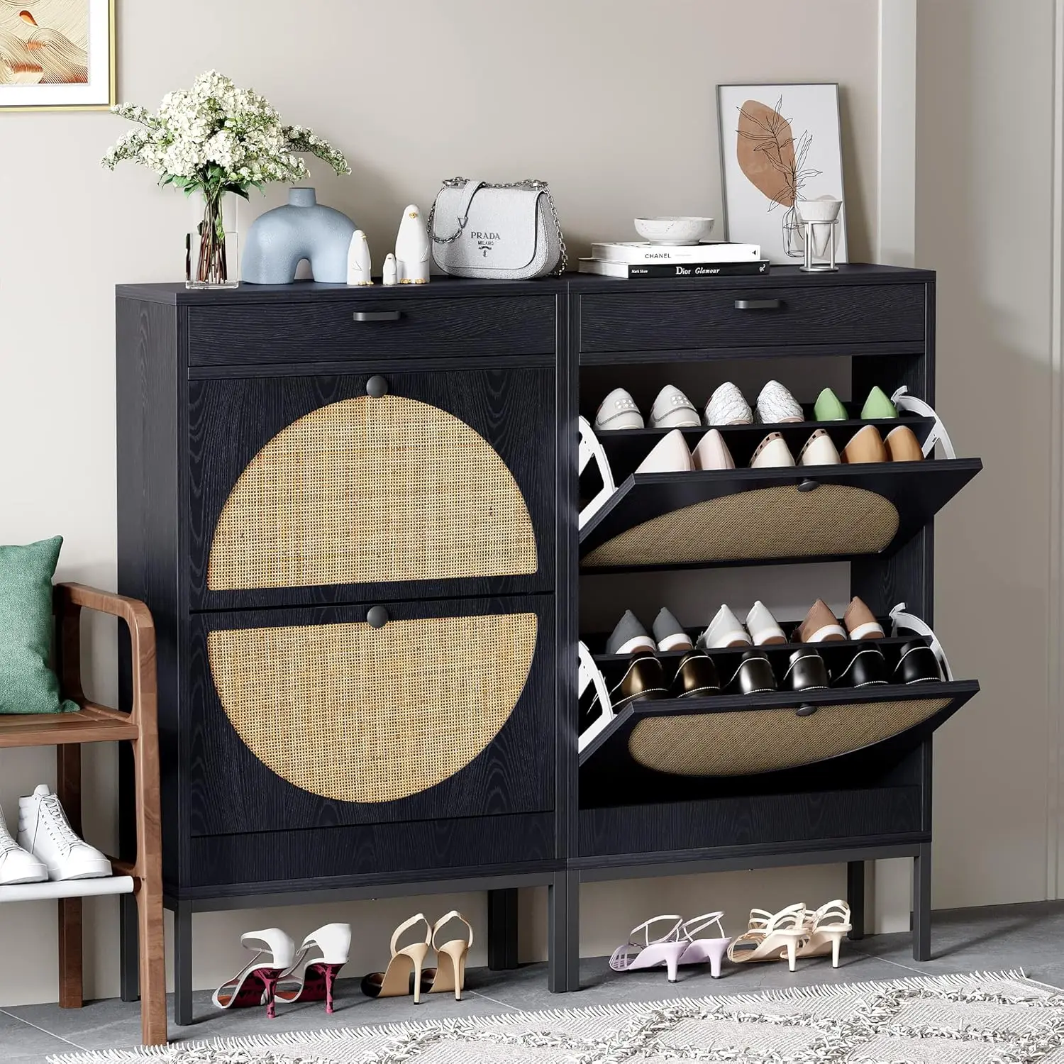 Shoe Rack Storage Organizer with 2 Natural Semi-Circular Rattan Doors, Entryway Wooden Cabinet for Sneakers