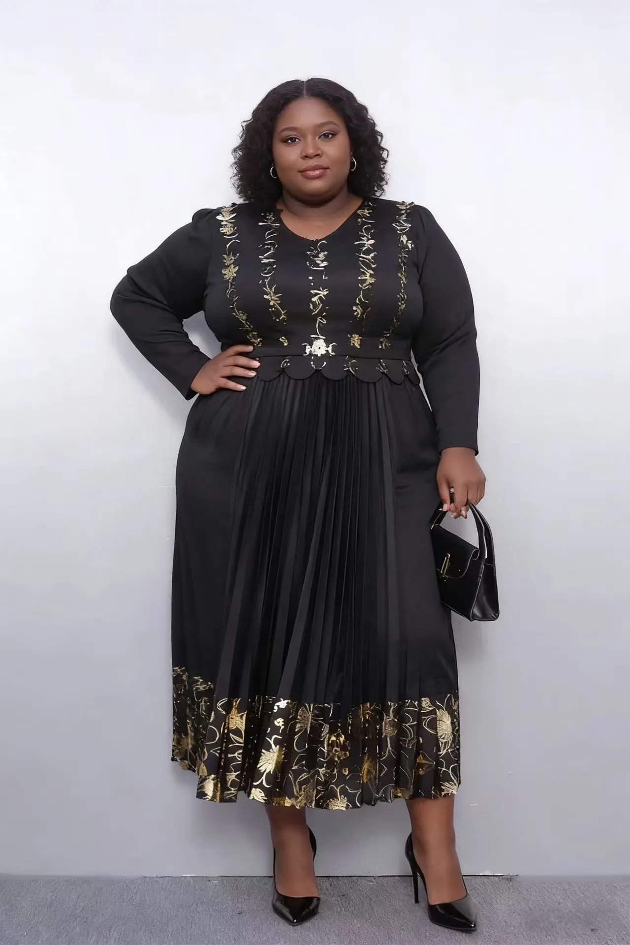 ミヤケプリーツドレスファッションブロンズウエスト細見え気質エレガントレディースドレス2025秋冬新作