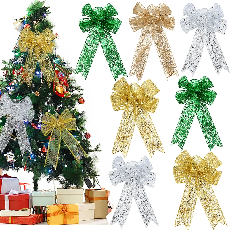 

1PC 30cm Large Christmas Ribbon Bows Polyester Gold Glitter Bowknot Xmas Tree Hanging Ornaments New Year Home Decor Navidad 2025