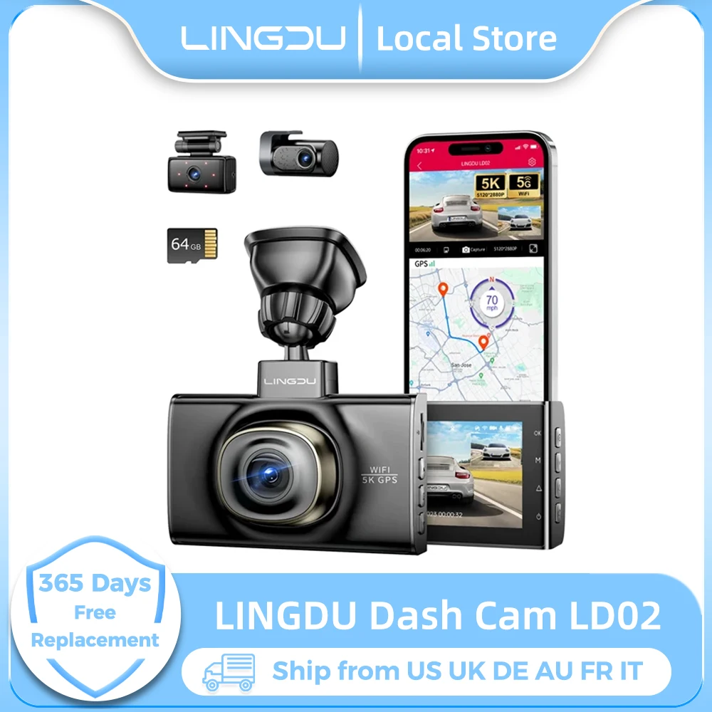 

Видеорегистратор LINGDU LD02 5K Встроенный Wi-Fi GPS 64G TF-карта 24H Монитор парковки Автомобильная камера 3-дюймовый IPS-экран Голосовое управление Ночное видение