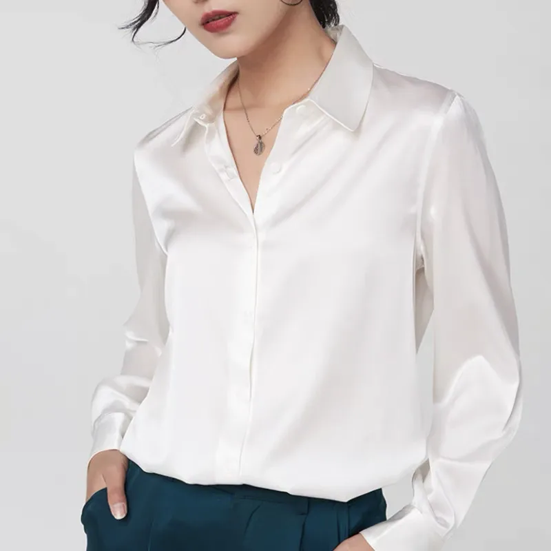 Blusas elegantes de satén de manga larga para mujer, camisa Vintage de seda blanca burdeos, camisas informales holgadas con botones para mujer 2024