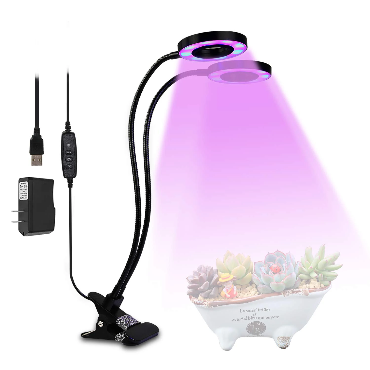 Gooseneck LED Indoor Plant Grow Lights Dimmable Desk/Table Clip Clamp Lamp Adjustable Red Blue Spectrum Switch USB Plug-in