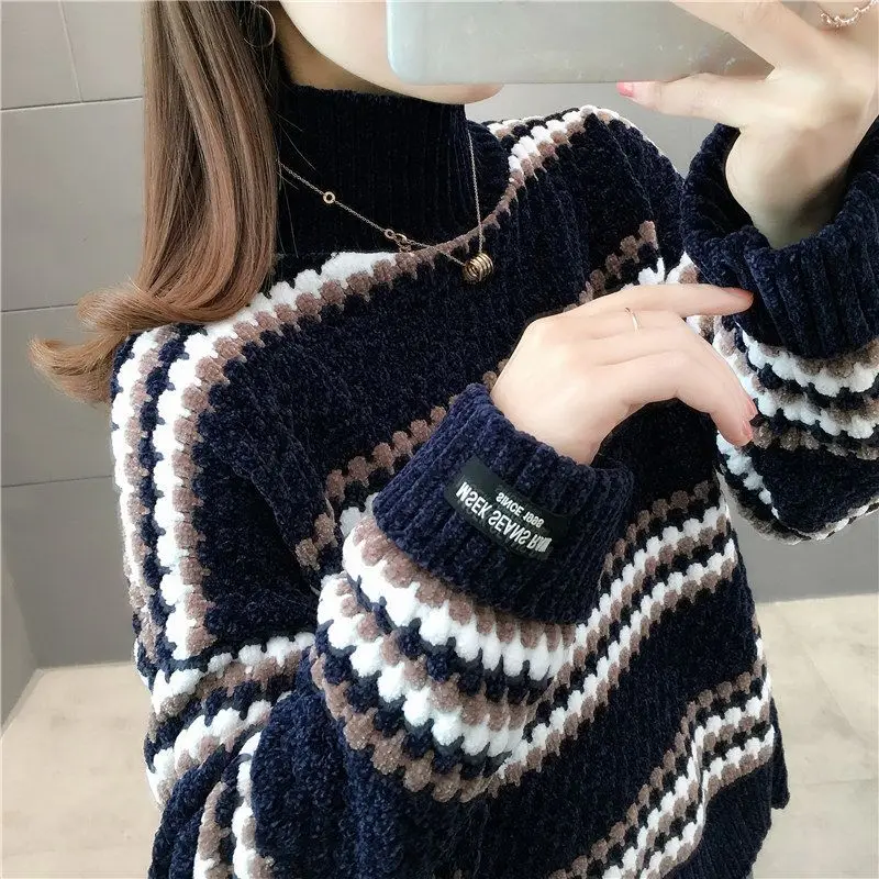 Women\'s Loose Fit Long Sleeve Sweater Solid Color Pullover High Neck Spliced Stripes Casual Tops Fashion Autumn Winter