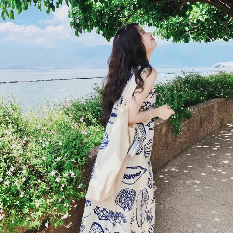 

Seaside vacation sleeveless dress for summer wear French retro literary lazy style relaxed mid-length skirt for women