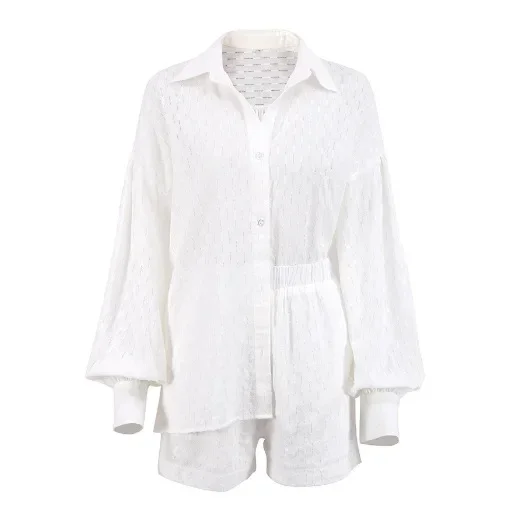 Women Long Sleeves Shirts And Hot Pants Two Pieces Outfits 2024 Summer White Elegant Jacquard Fabric Soft Vacation Suits