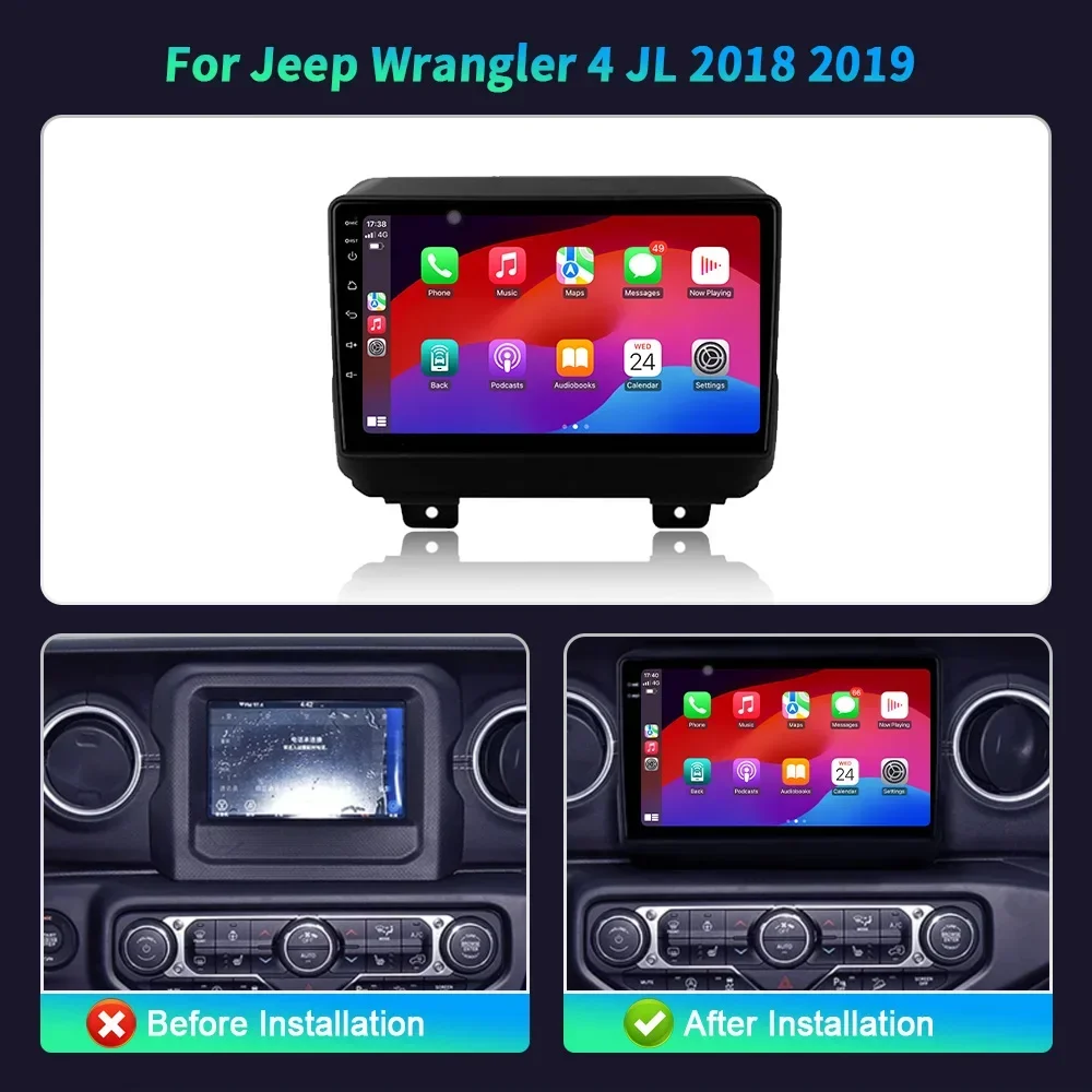 Android 14 para jeep wrangler 4 jl 2018 2019 rádio do carro 4g gps navegação estéreo bt sem fio bluetooth carplay tela de toque estéreo