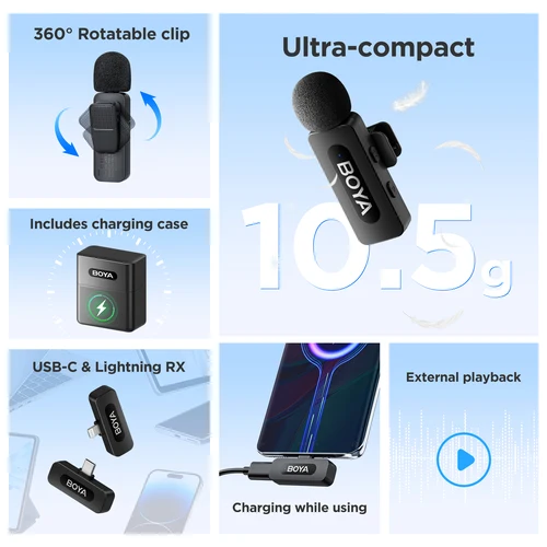Imagen 2 del producto BOYA V3 Kit de micrófono Lavalier inalámbrico profesional Compatible con Android y DJI Pocket 3 tipo C USB-C transmisión en vivo, vlog