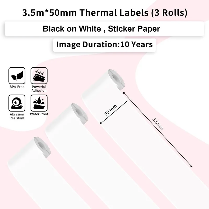 T02 White Adhesive Thermal Paper Roll,10-Year Thermal Printing Paper,Mini Printer Paper Compatible With T02/M02X/M02L, 50mmx3.5m