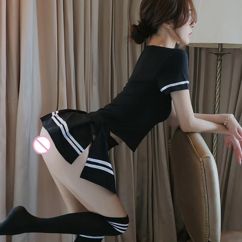 Lingerie sexy feminina, vazada, sem tirar, saia curta, uniforme de estudante, tentação, meia-noite, paixão, dramatização