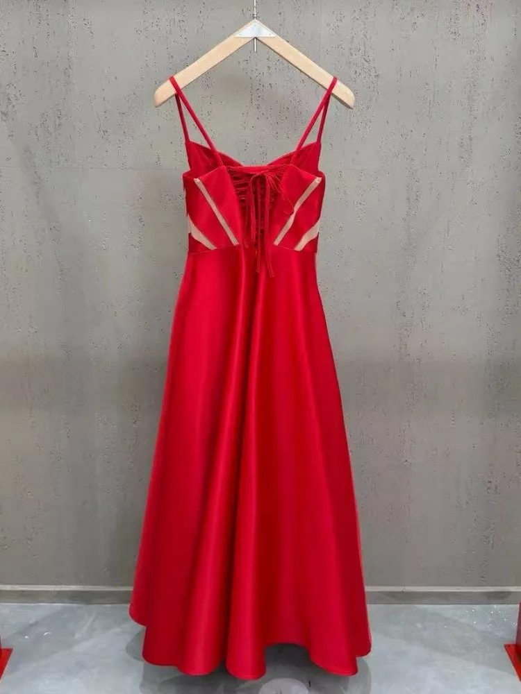 Summer Elegant Banquet Party Women Long Dress Sexy Sleeveless Fashion Spliced High Waist Spaghetti Strap A Line Dresses Female