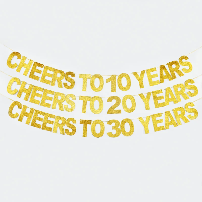 Anniversary Birthday Party Decoration Gold Glitter Party Banner Cheers To 10 20 30 40 50 60 70 80 90 100 Years Garland Bunting