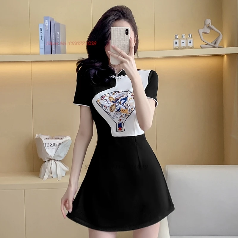 

2025 chinese sexy dress traditional flower embroidery patchwork cheongsam dress+shorts set hotel spa work dress beauty uniform