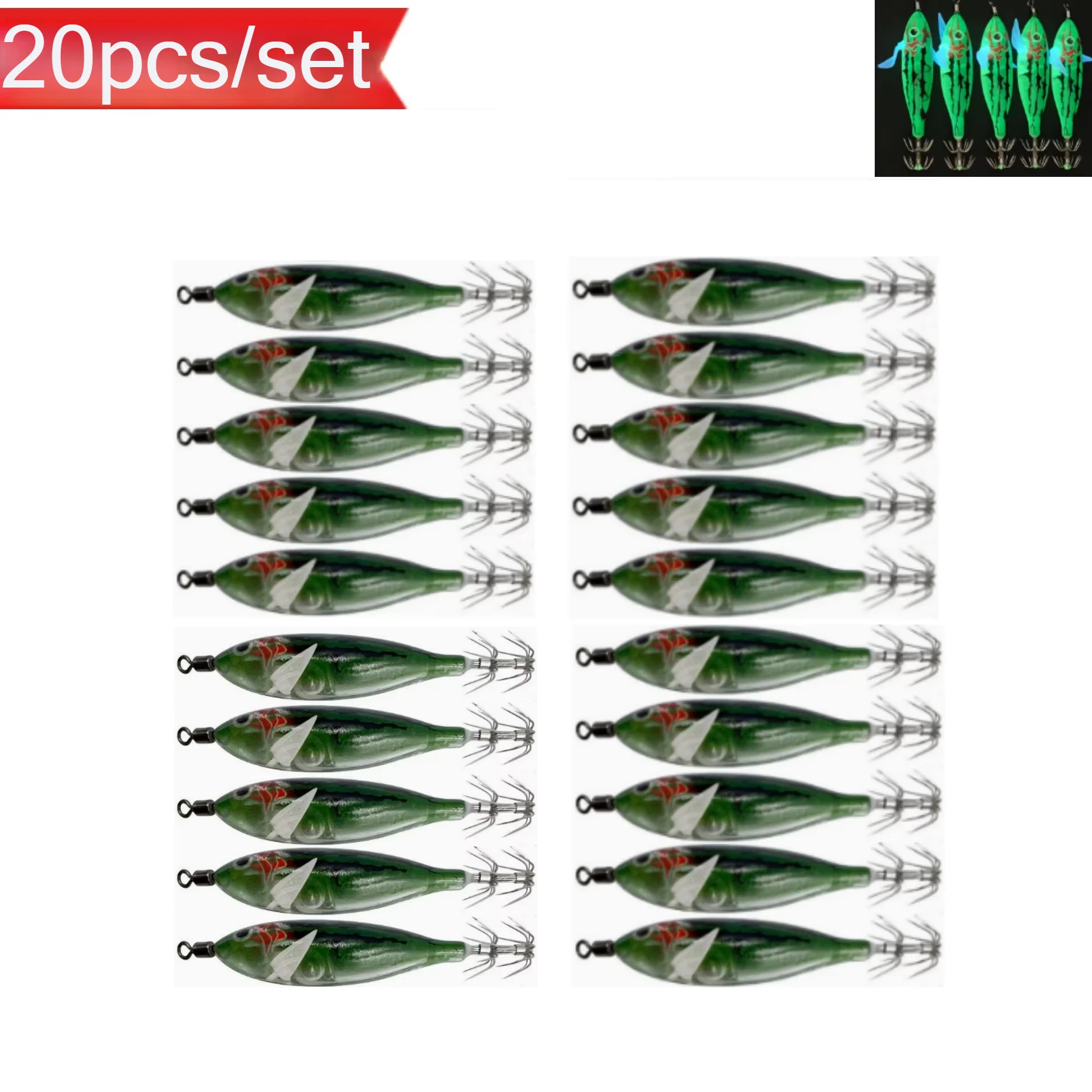 20 Stück/Set Leuchtender Tintenfisch-Jig 8cm/5,7g Garnelen-Angelköder Haken Meeresfischerei-Zubehör Künstlicher Köder Oktopus-Köder