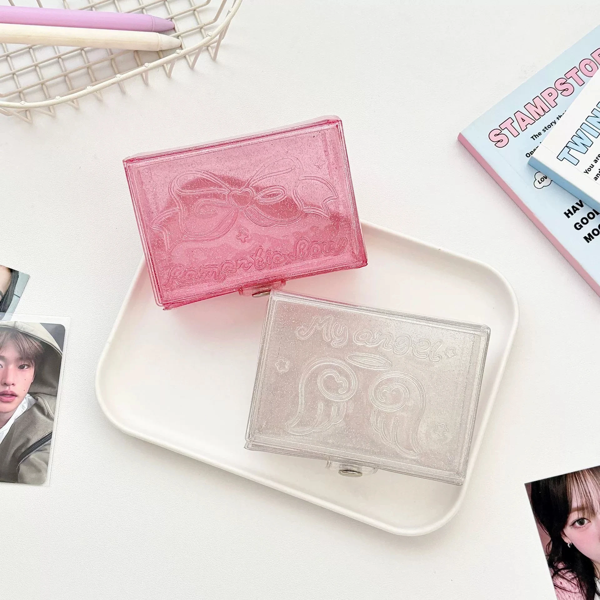 MINKYS Korean Style Glitter Wing Bow Photocard Box Hard Shell Photo Card Organizer For Kpop Collectibles