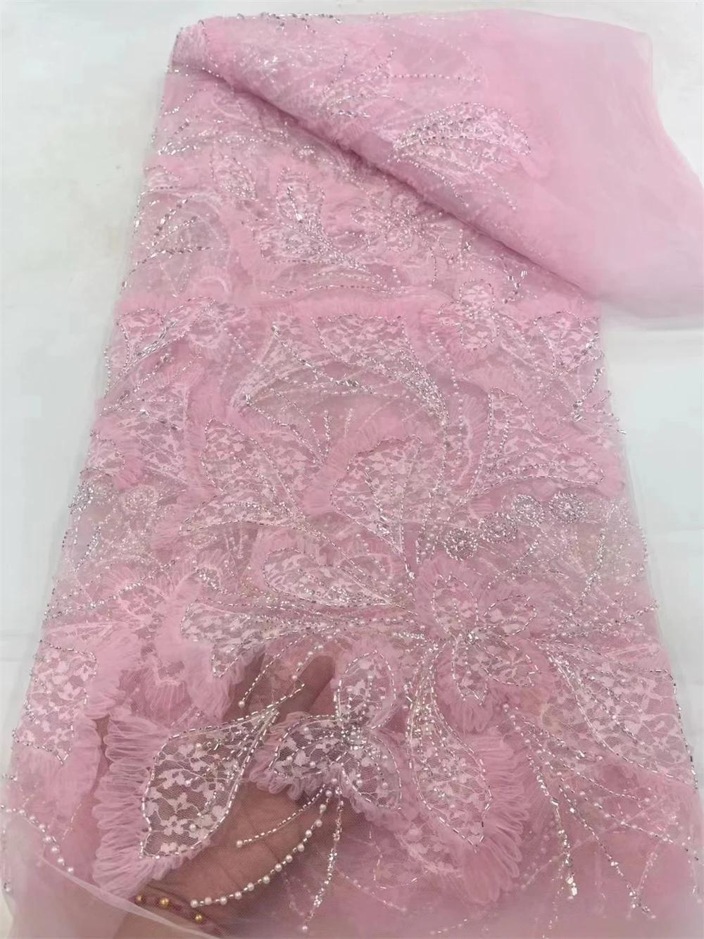 Tissu de dentelle 3D français de luxe avec appliques de fleurs, paillettes africaines nigwin, perlé pour la couture, 5 mètres, 2024