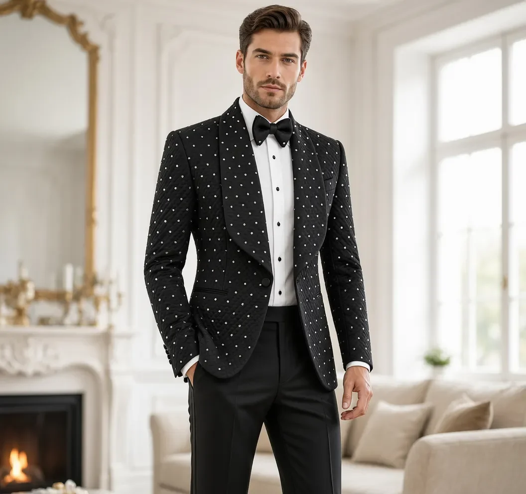 Formal Wedding Tuxedos Design Beaded 2 Piece Set Jacket Pants Men Suit Slim Fit Shawl Lapel Evening Blazers For Party Customized