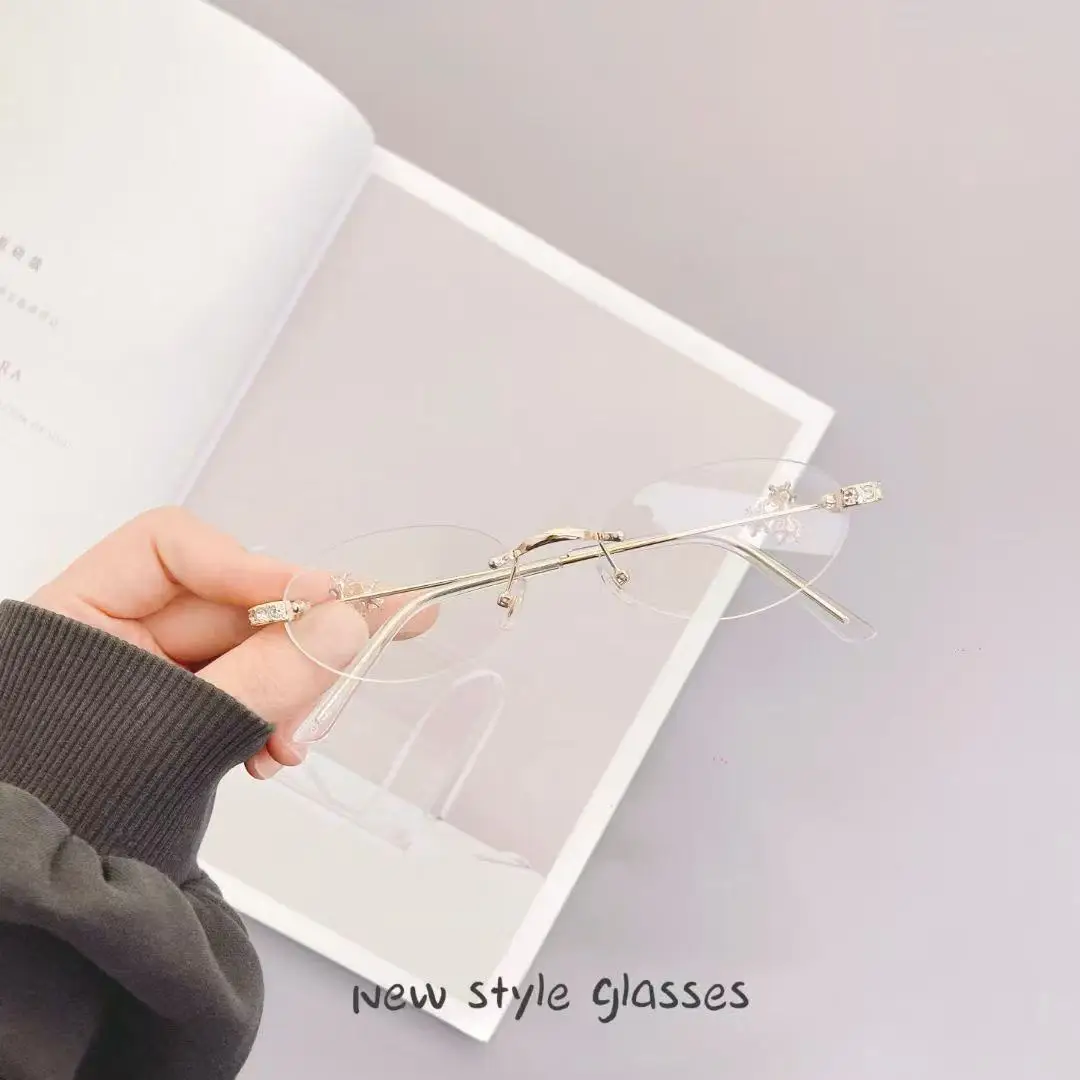

New jewelry series oval diamond-set frameless plain glasses women's high intelligence decorative glasses