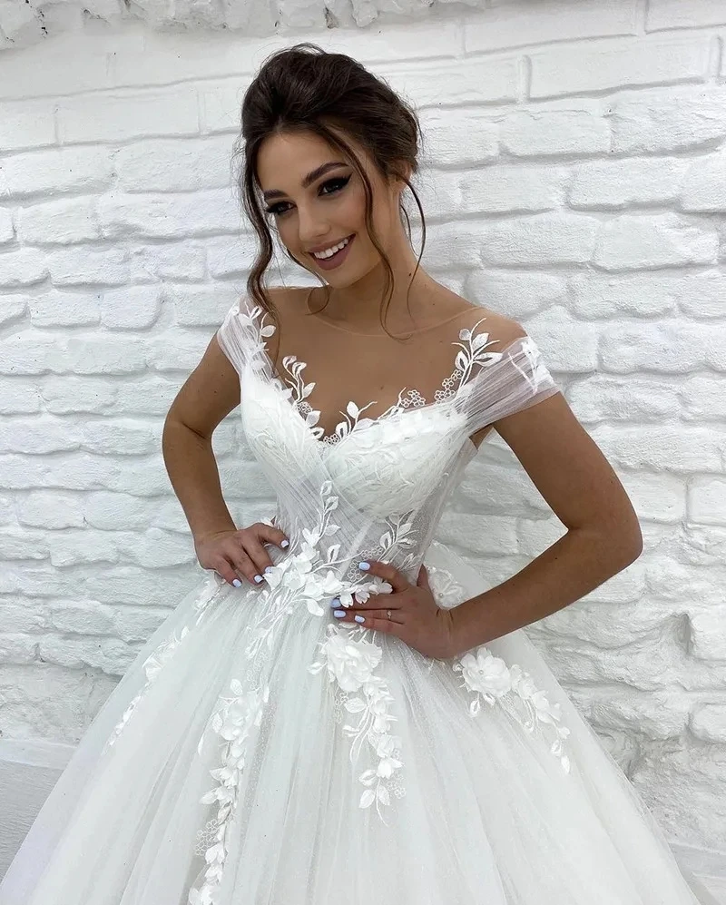 

Custom Aline Wedding Dresses O Neck Appliques Lace 3D Flowers Cap Sleeve Tulle Boho Bride Gown 2025 vestidos de novia