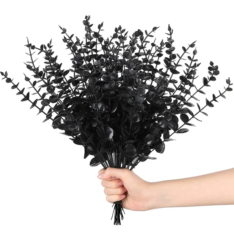 Hojas artificiales de eucalipto negras, plantas de plástico, Helecho persa, ramo de flores falsas para Halloween, decoración del hogar y la Oficina, 7 ramas