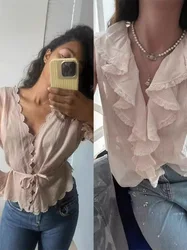 Pink Women 100% Cotton Blouse or Tank Tops 2024 New Embroidery Long Sleeve Lace-Up Shirt Lace Ruffles Sleeveless Pleated Vest