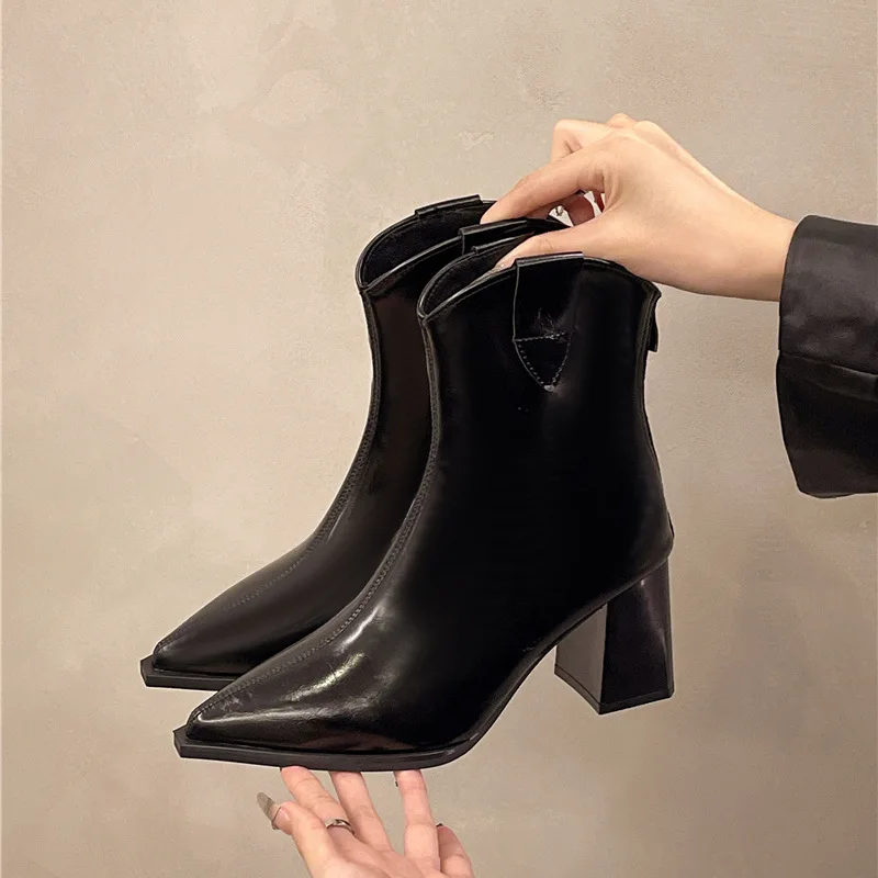 Autumn Winter Leather Chelsea Boots for Women Designer Soft-soled Sexy Women High Heels Shoes Fashion Modern Boots Female