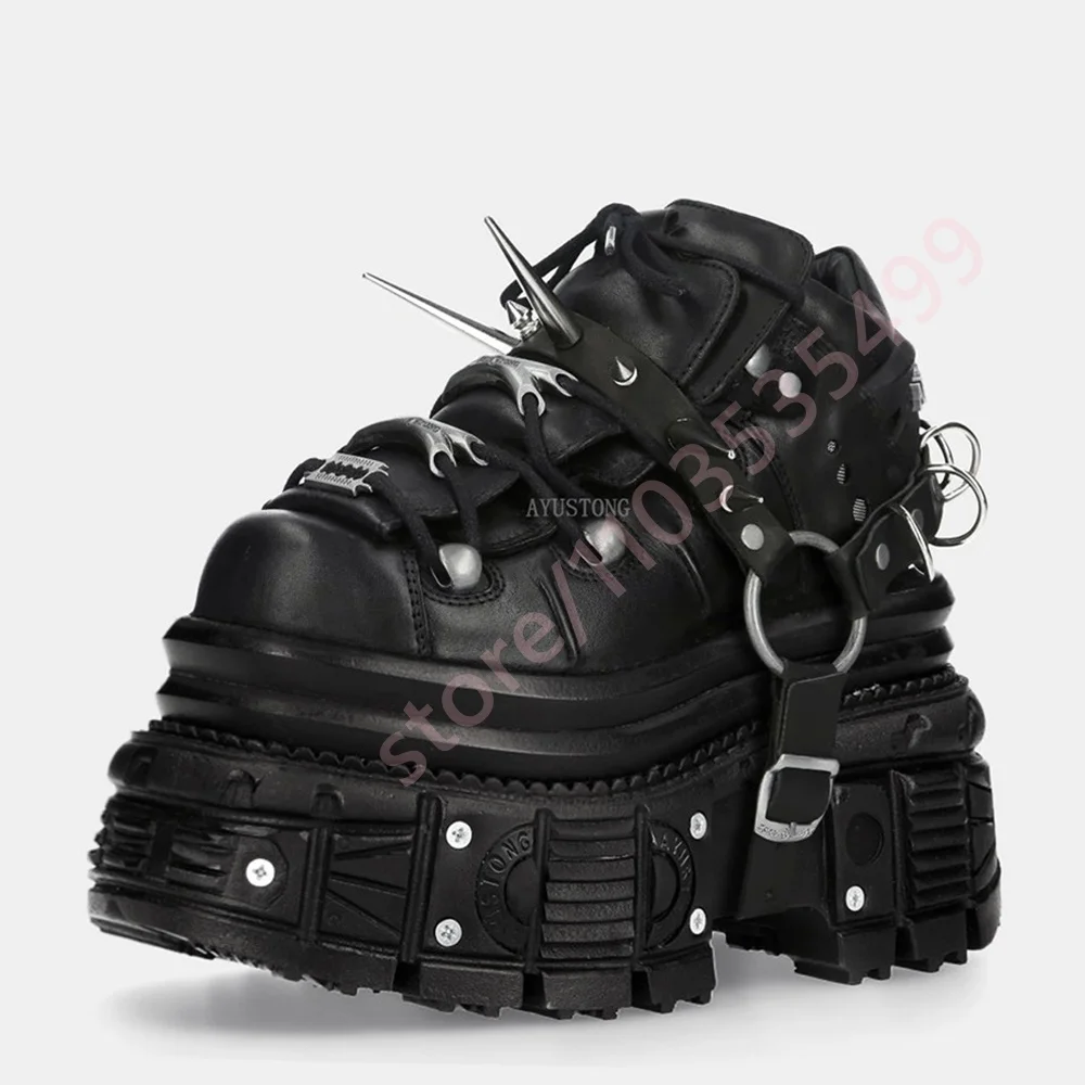 2026 New Black Gothic Punk Platform Sneakers Women Spiked Rivet Metal Ring Buckle Lace Up Chunky Thick Sole Y2K Streetwear Shoes view 3