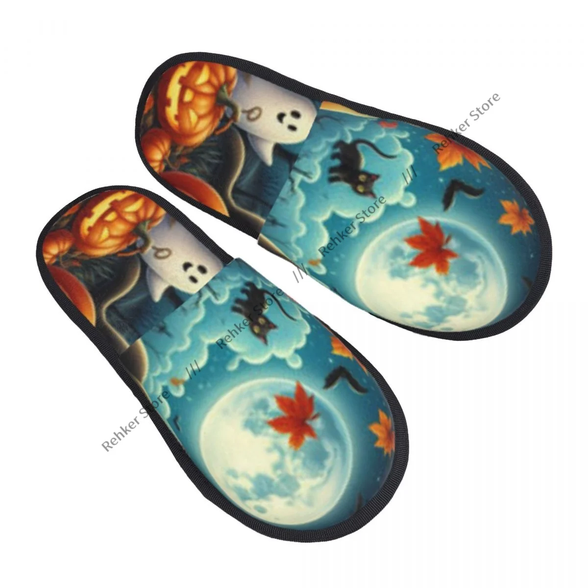 Winter Warm Women Men Plush Flat Indoor Slippers Halloween Pumpkins And Cat In The Forest Furry Home Non-slip Shoes