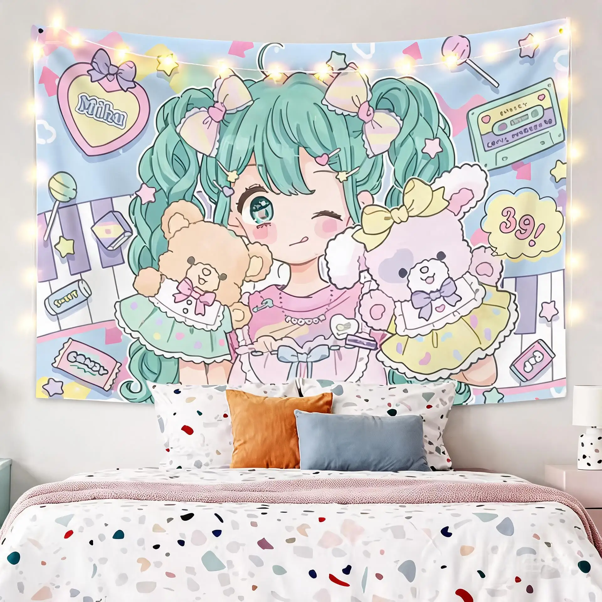 Y2K Synthwave Kawaii Anime Girl Printed Tapestry Cute Cartoon Fantasy Aesthetics Bedroom Dormitory Home Decoration