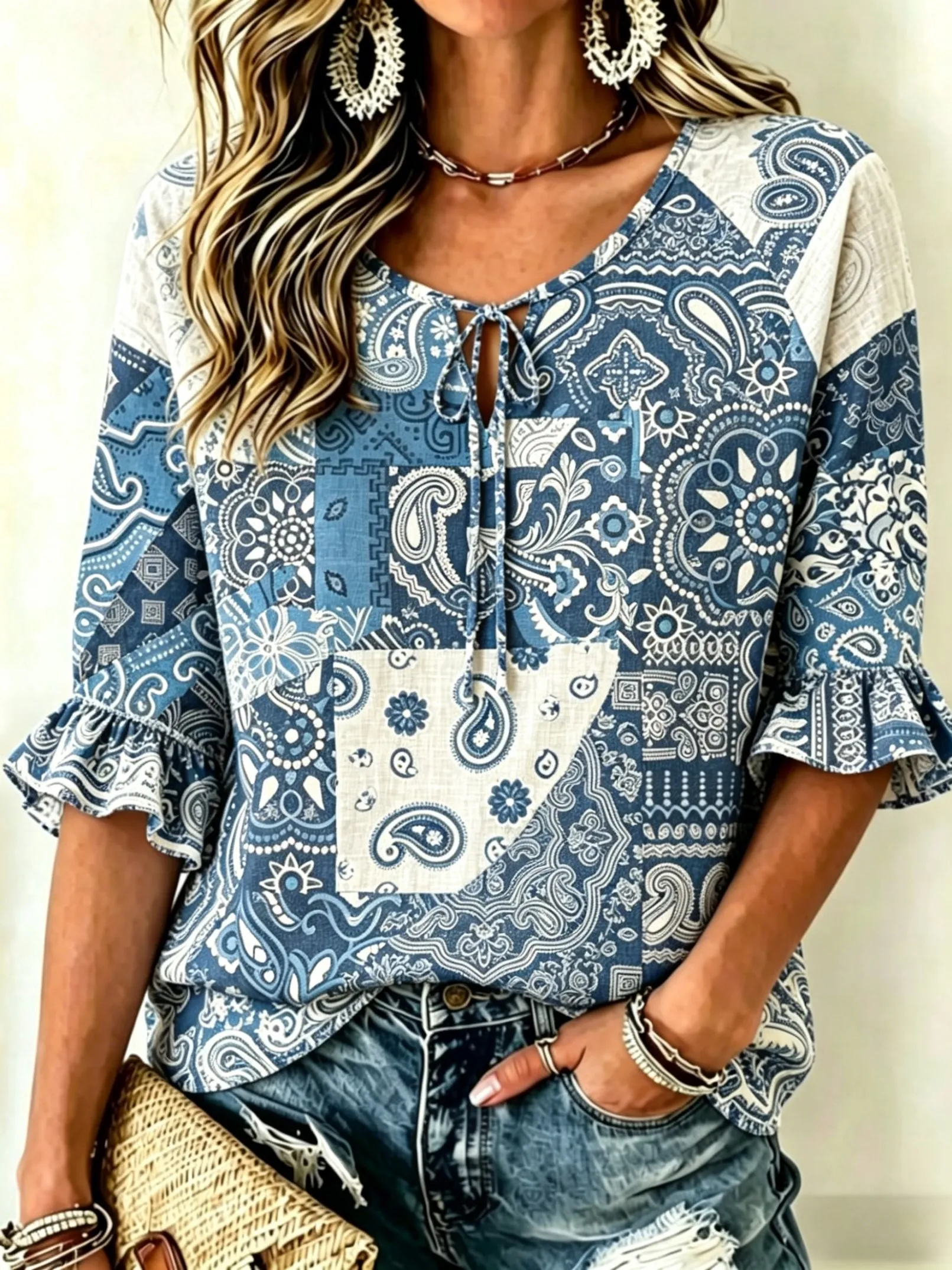 

Women's Tie Keyhole Neck Blouse, Blue White Patchwork Paisley Floral Bandana Print,for Spring Summer Daily Casual Outfits