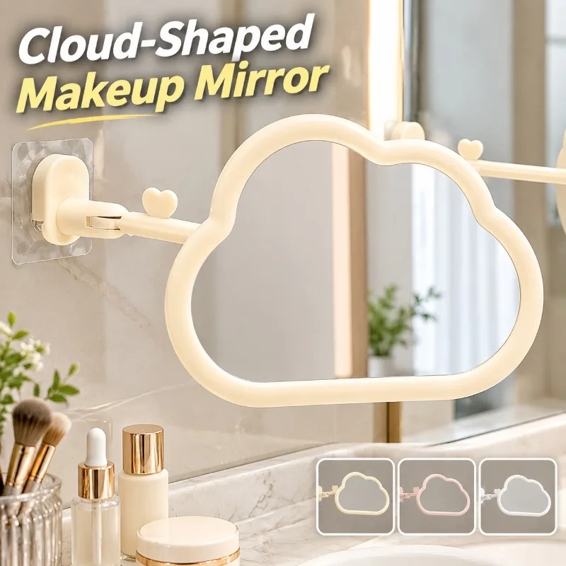 Cloud Shaped Makeup Mirror No-Drill Wall Mounted High-Definition Rotatable Adjustable Angle Bathroom Vanity Mirror for Makeup