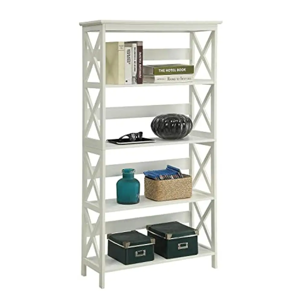 5-Tier Wit Hout Oxford Boekenkast Ruime Planken Eenvoudige Montage Kantoorinrichting 31.5 "X 11.75" X 60 "Vloerbevestiging Rechthoekige Vorm