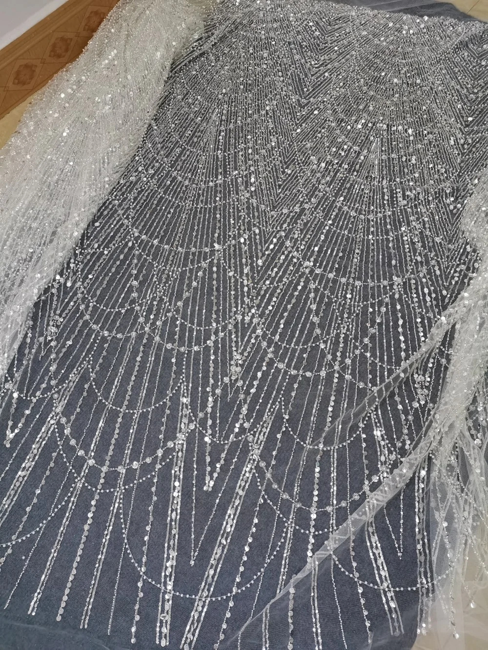 Luxury Embroidered Bead Fabric Off White Tulle Mesh Fabric Lady Fashion Dress Sewing Fabric Pearls