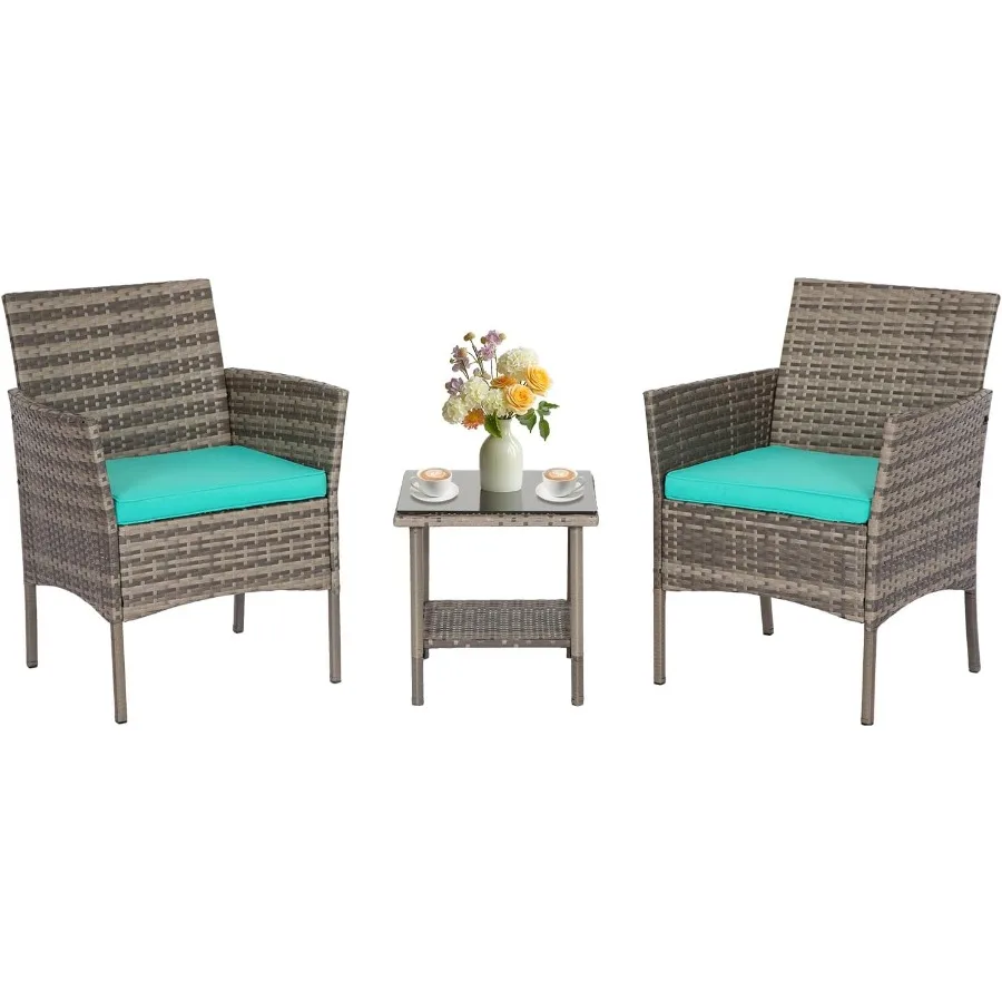 

3 Piece Outdoor Furniture Set Patio Gray Wicker Chairs Furniture Bistro Conversation Set 2 Rattan Chairs with Blue Cushions