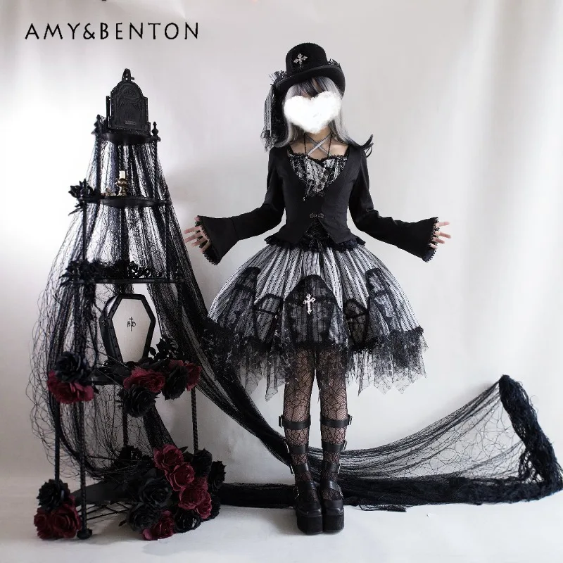 

Оригинальный Ретро Придворный Стиль Лолита Элегантный Готический Наряд SK Субкультура Кружева Топ Тонкий Ремень Топ Крест Кружева Лоскутная Пышная Юбка