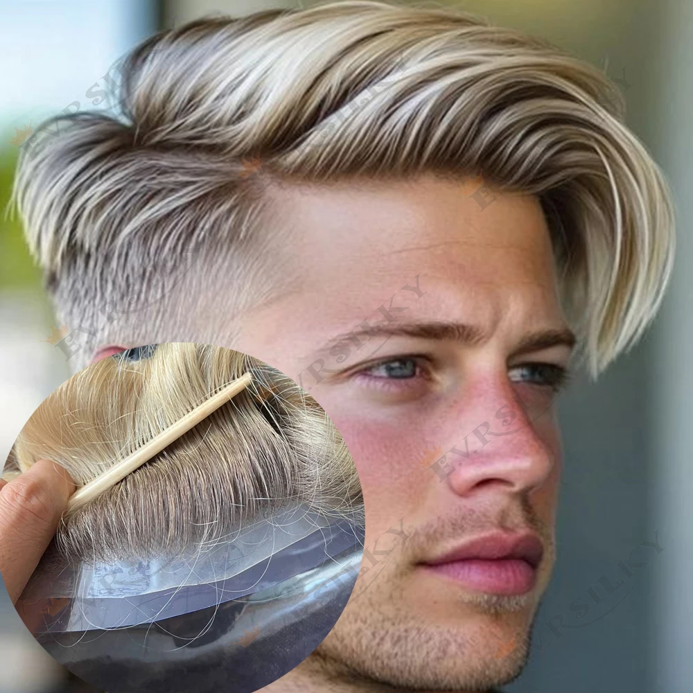 

Realistic Hairline 0.06mm Durable Premium Transparent Thin HD Skin Ombre Blonde Brown Roots 4T/613 Men Human Hair Toupee Capilla