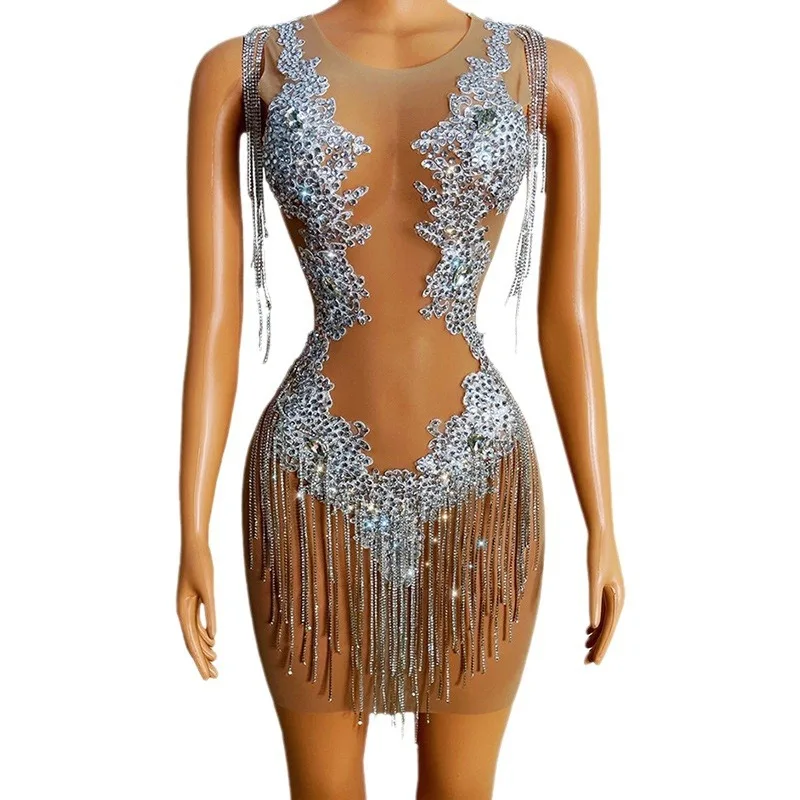 Певица MC Модель Dj Узкая сетка со стразами и кисточками Короткая юбка Хип-юбка Платье Одежда для выступлений на сцене Платья на заказ Певица MC Модель Dj Узкая сетка со стразами и кисточками Короткая юбка Хип-юбка Платье Одежда для выступлений на сцене Платья на заказ