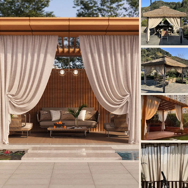 1pcs Outdoor Waterproof Sunproof Linen Curtain Thermal Insulated Privacy Screen Sheer Drape Shade Curtain For Patio Garden