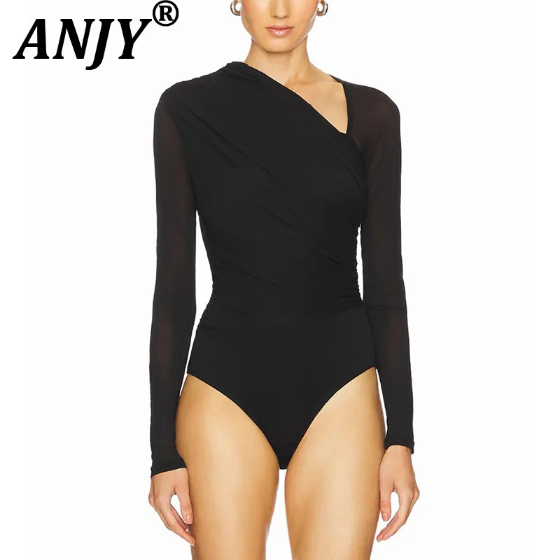 ANJY Spring Summer New Women Stylish Slim Fit Asymmetrical Pleated Jumpsuit Trendy Sexy Long Sleeve Solid Color Bodysuits A19993