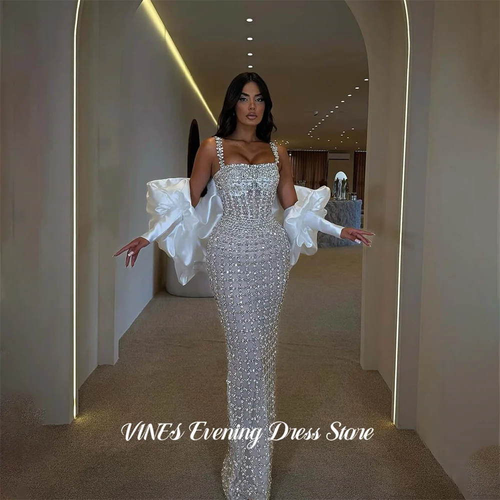 

VINES Silver Evening Dresses Heavy Crystal Spaghetti Strap Mermaid Gala Dress Off Shoulder Puff Sleeve Formal Dresses Customized