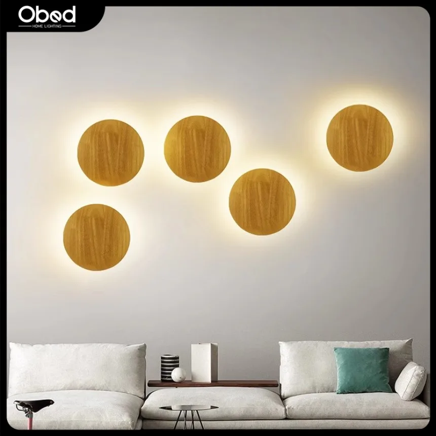 

Modern LED Wall Lamp Circular Creative Wooden Wall Lamp Background Wall Bedroom Living Room Corridor Staircase Decorative Light