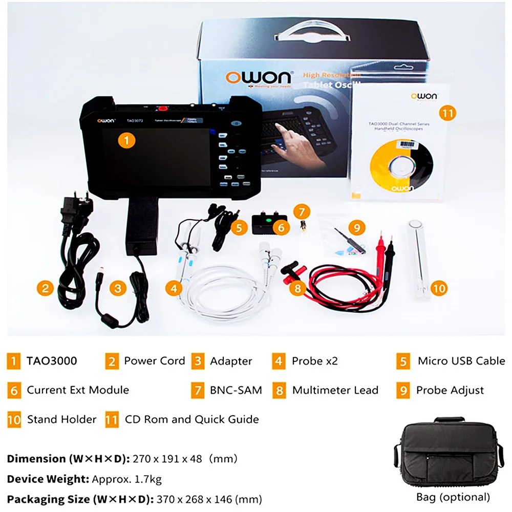 OWON แบบพกพาแท็บเล็ตดิจิตอล Oscilloscope TAO3102 8นิ้ว LCD หน้าจอ USB Storage Oscilloscopes 8 Bits 2ช่อง100MHz