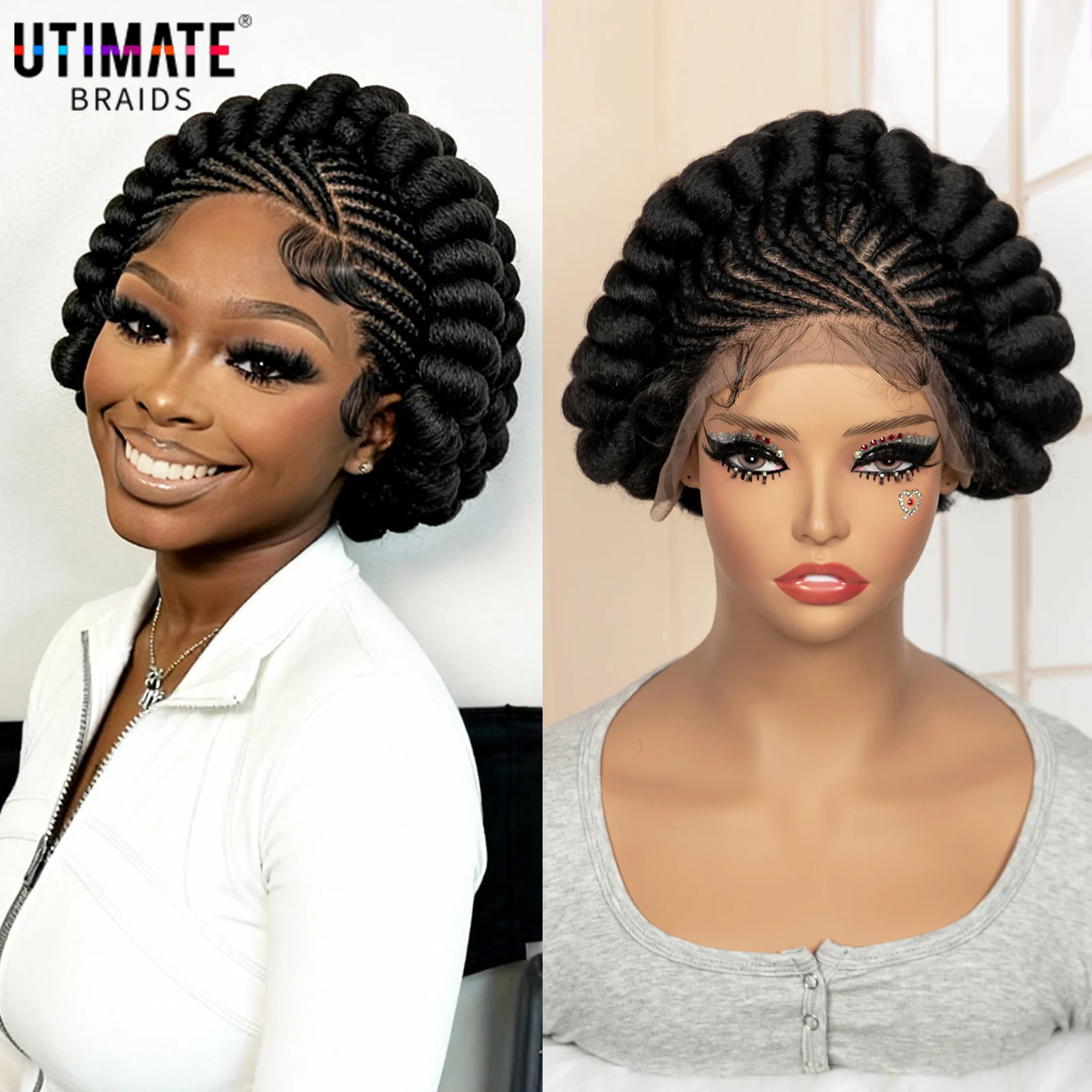 

Полный кружевной парик ручной работы Bantu, синтетические короткие милые косички, кружевной фронтальный парик из африканских волос для чернокожих женщин