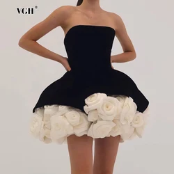 VGH Hit Color Velve Spliced Appliques Party Dress for Women Strapless Sleeveless Patchwork Zipper Slimming Short Dresses Female