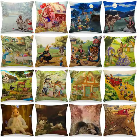Happy Home Linen Pillowcase Funny Rabbit Easter Egg Print Cushion Cover Pastoral Cartoon Hare Pattern