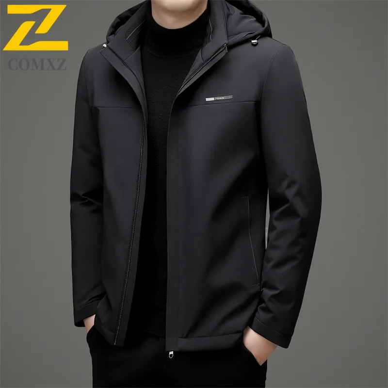 

COMXZ High Quality Mens Long Down Jacket Hooded Outdoor Office Lightweight Puffer Jackets Luxury Business Windproof Winter Parka